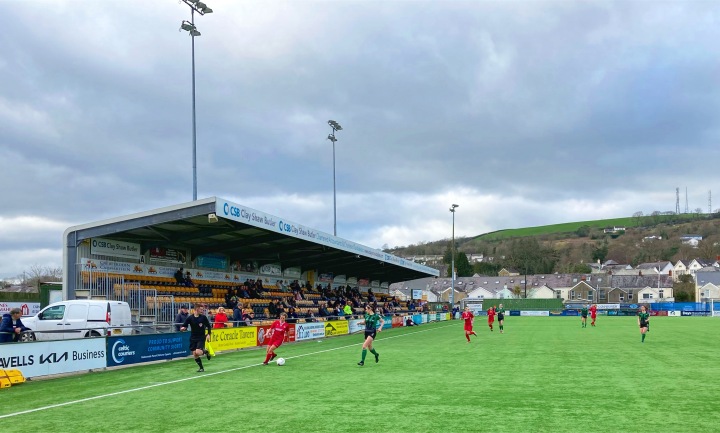 Match action from Briton Ferry Llansawel women versus Aberystwyth Town at Carmarthen's Richomd Park